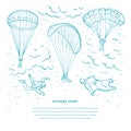 Extreme sport sketch vector template. Skydivers flying with a paraglider and parachute